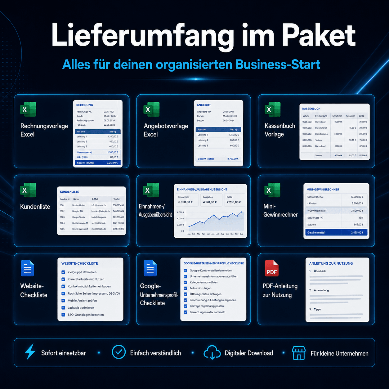 Kassenbuch Vorlage und Kundenliste aus dem Business Starter Paket für Kleinunternehmer