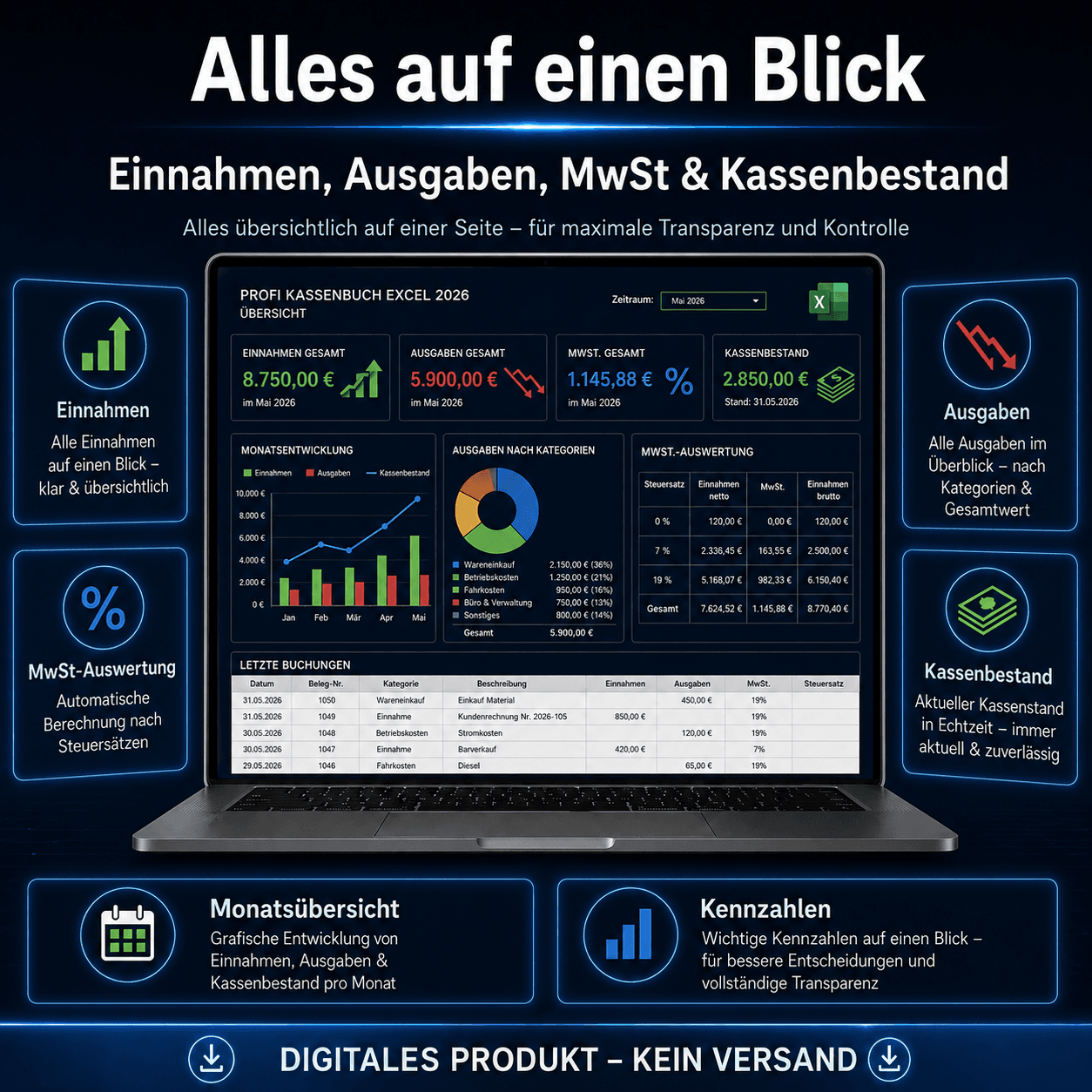 Kassenbuch Excel Vorlage 2026 – Einnahmen, Ausgaben, MwSt und Kassenbestand auf einen Blick