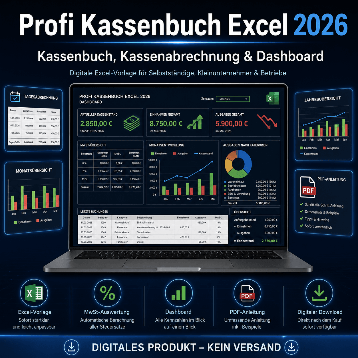 Profi Kassenbuch Excel 2026 – Kassenbuch, Kassenabrechnung und Dashboard auf einem Laptop