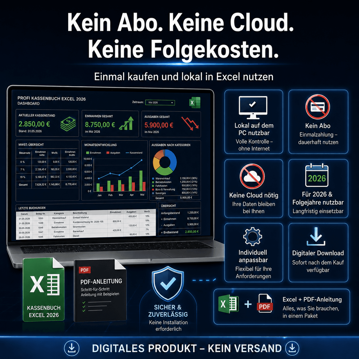 Kassenbuch Excel Vorlage – einmal kaufen, lokal nutzen, kein Abo und keine Folgekosten