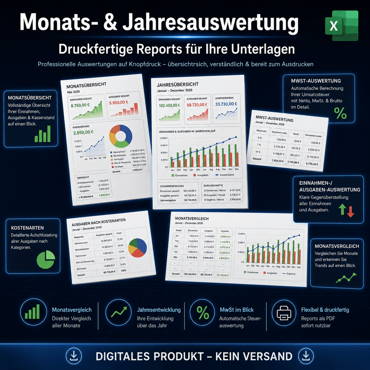 Monats- und Jahresauswertung des Excel Kassenbuchs 2026 mit druckfertigen Reports