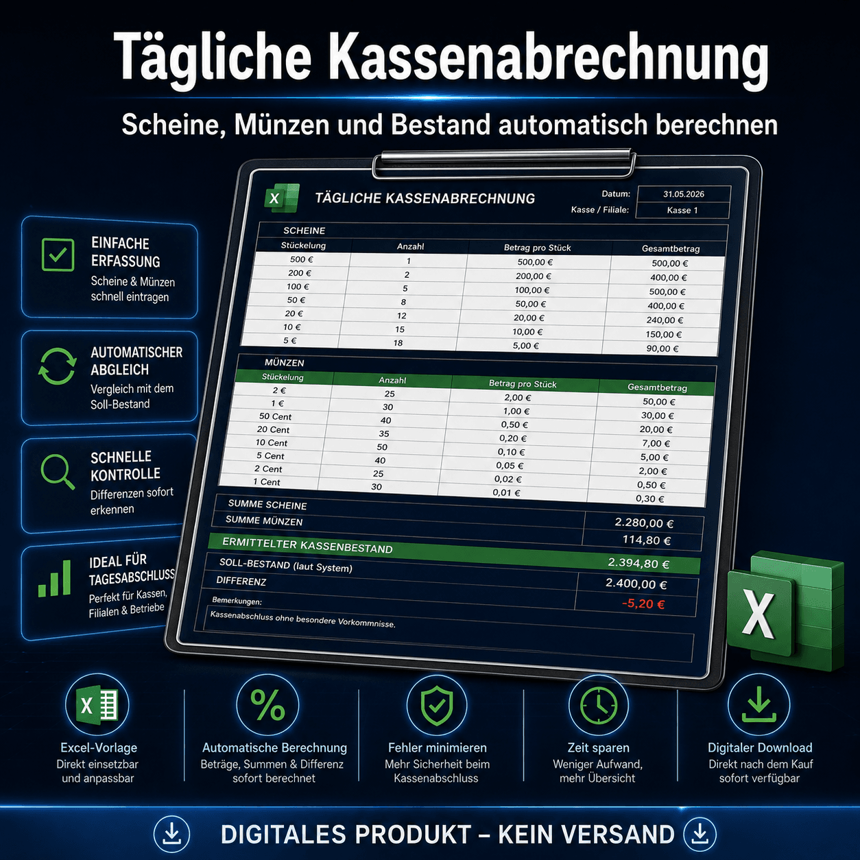 Tägliche Kassenabrechnung in Excel – Scheine, Münzen und Kassenbestand automatisch berechnen