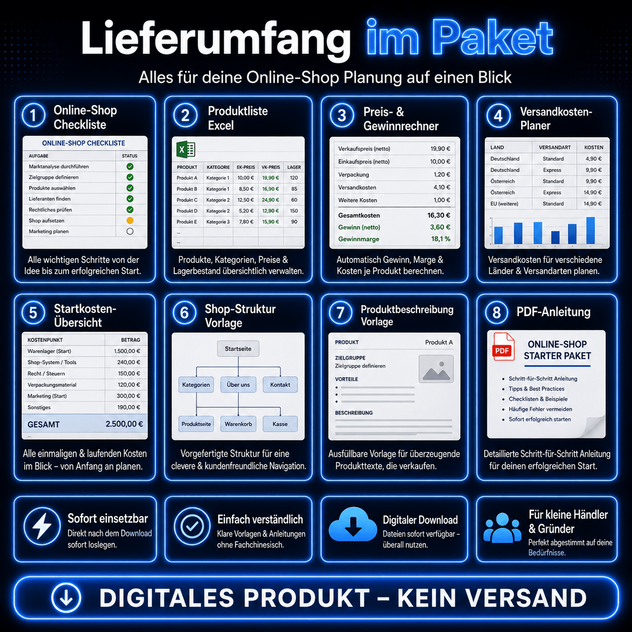 Produktliste als Excel Vorlage für die Planung des eigenen Online-Shops